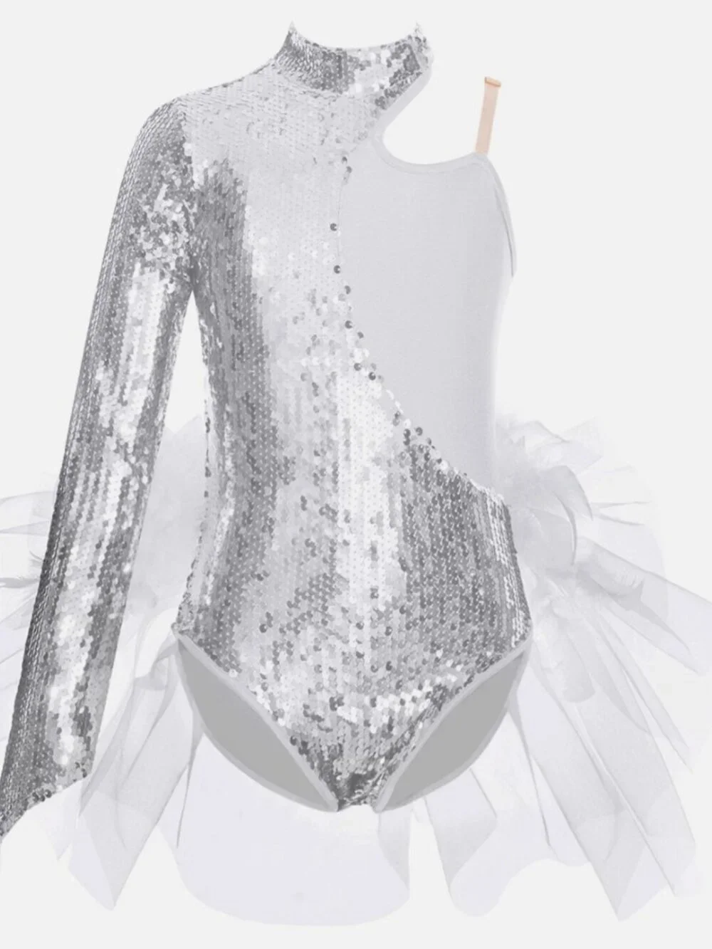 Chic Try Girls One-Shoulder Sequin White Tulle Feathers Dance Leotard Bodysuit 6